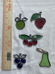 Vtg Leaded Stained Glass Fruit Suncatchers Grapes Strawberry Cherries Pear Lot 5