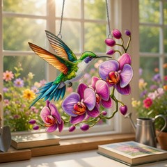 Hummingbird Orchid Flower Suncatcher Acrylic Window Decor