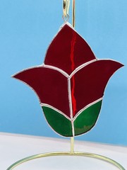 Stained Glass Suncatcher Window Hanging Decor Red Tulip Flower Green Leaves 4”