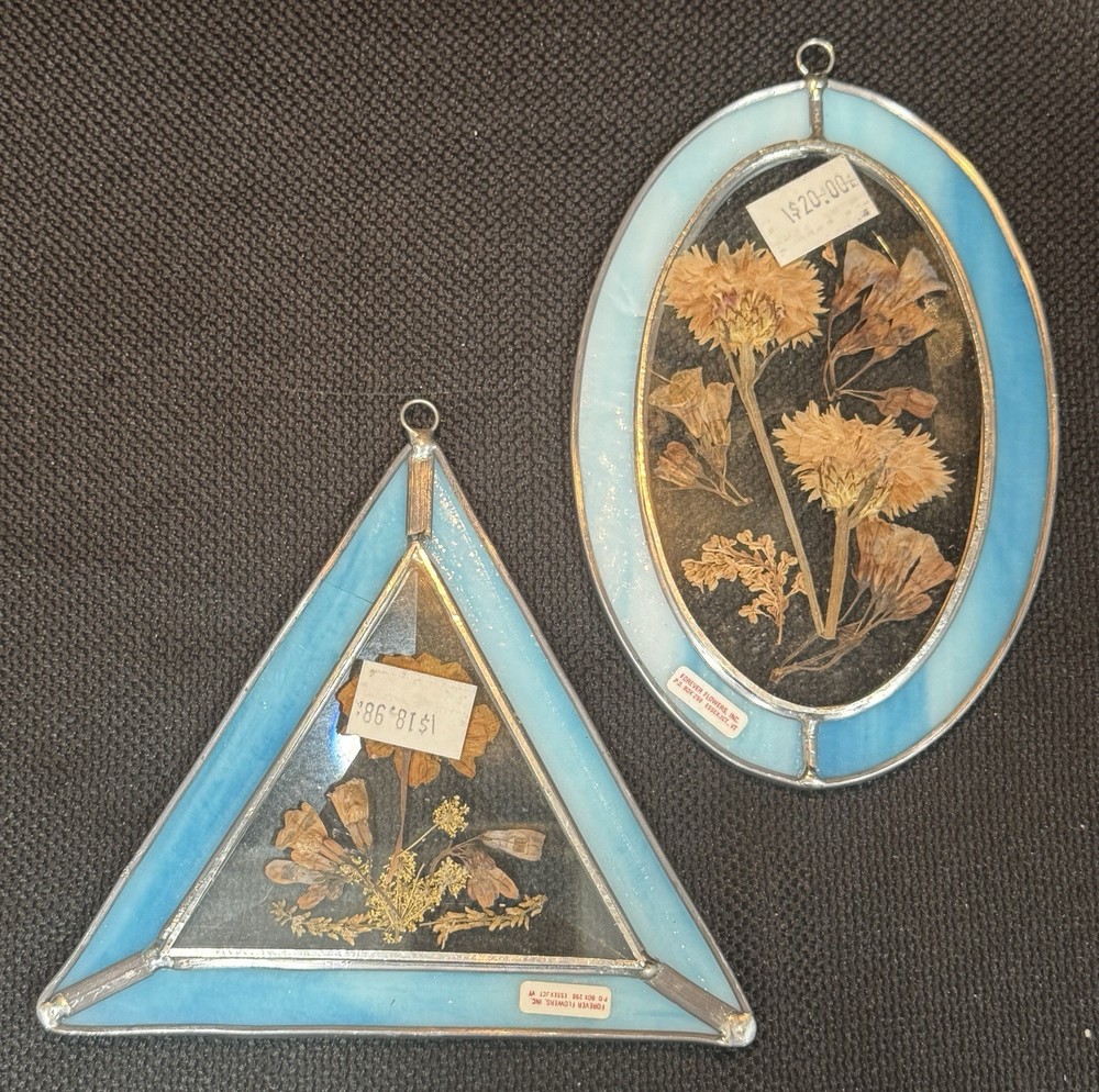 (2) MCM 1970’s FOREVER FLOWERS Pressed Flowers Sun Catcher Stained Slag Glass