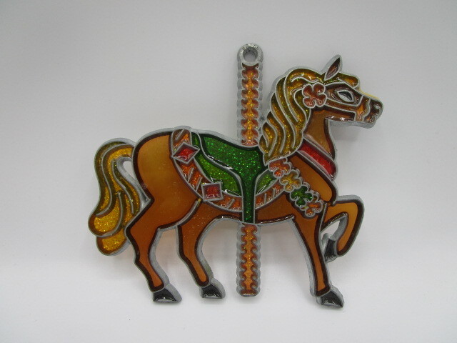 Vintage Carousel Horse Suncatcher Brown 4.5″ X 4″ Faux Stained Glass Decoration