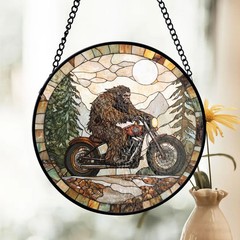 Bigfoot Motorcycle Stained Glass Suncatcher Biker Sasquatch Art Decor