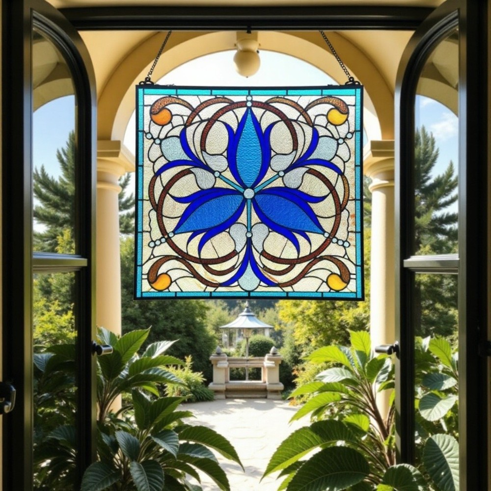 Blue Lilies Stained Glass Windows Panel Suncatcher 16x16in