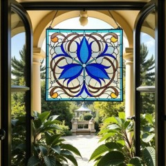 Blue Lilies Stained Glass Windows Panel Suncatcher 16x16in
