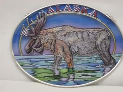 Amia Alaska Moose & Stream Hand-Painted Glass Suncatcher 5-1/4″ X 7″ 7432