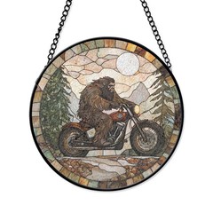 Bigfoot Motorcycle Stained Glass Suncatcher Biker Sasquatch Art Decor