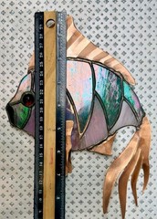 Vintage Stained Glass Rainbow Fish Suncatcher Dichroic Green/Pink w/Copper Fins