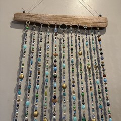 Large beaded driftwood wall hanging suncatcher beachy lake ocean handcrafted 57”