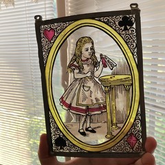 Vintage 60’s Alice In Wonderland Stained Glass Suncatcher Pewter Edge