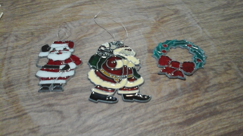 Vintage Stained Glass Christmas Ornaments 2 Santa’s, 1 Wreath Set Of 3