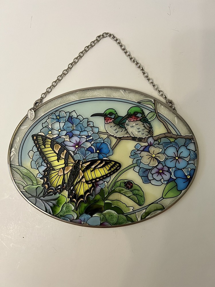 Amia Denver Co Hand Painted Monarch Butterfly Birds Flowers Suncatcher 7”x5”
