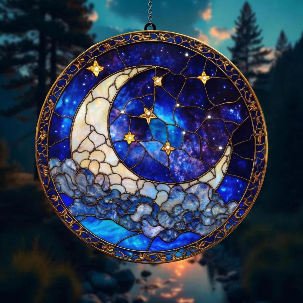 Moon Star Celestial Night Sky Stained Glass Suncatcher Window Hanging Decor
