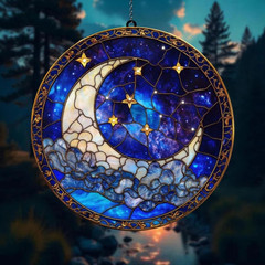 Moon Star Celestial Night Sky Stained Glass Suncatcher Window Hanging Decor