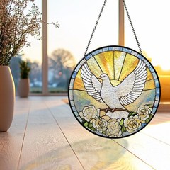 White Dove Stained Glass Suncatcher, Peace Bird Window Hanging with Roses