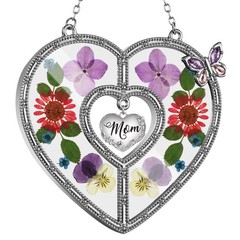 Heart Suncatcher Wind Chime with Butterfly and Real Flower Gifts for Mom