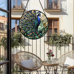 7.8X7.8 In. Stained Glass Window Hanging, Turquoise Peacock Sun Catcher for Outd