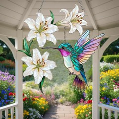 Hummingbird White Lily Suncatcher Acrylic Flower Window Decor Gift