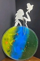 Suncatcher Blue Green Yellow Metal And Glass Girl In A Dress w/Dove