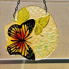 Fused Art Glass Monarch Butterfly Vintage Hanging Sun Catcher Freeform 6 1/4”
