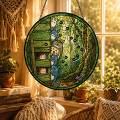Stained Glass Totoro Window Decor, Forest Scene Suncatcher, Anime Gift