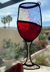 Stained Glass Wine Glass Suncatcher Handmade Iridescent & Red Glass Hanging Dec