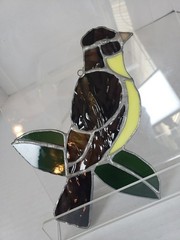 Vintage 8.5” Goldfinch Bird Handmade Stained Art Glass Window SunCatcher Leaded
