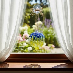 Vintage Hummingbird Feeder Handblown Art Glass Blue/Yellow Hand Painted 6″h ×5″W