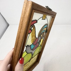 Vintage Stained Glass Country Farm Rooster Chicken Sun Catcher Panel 12”x7”