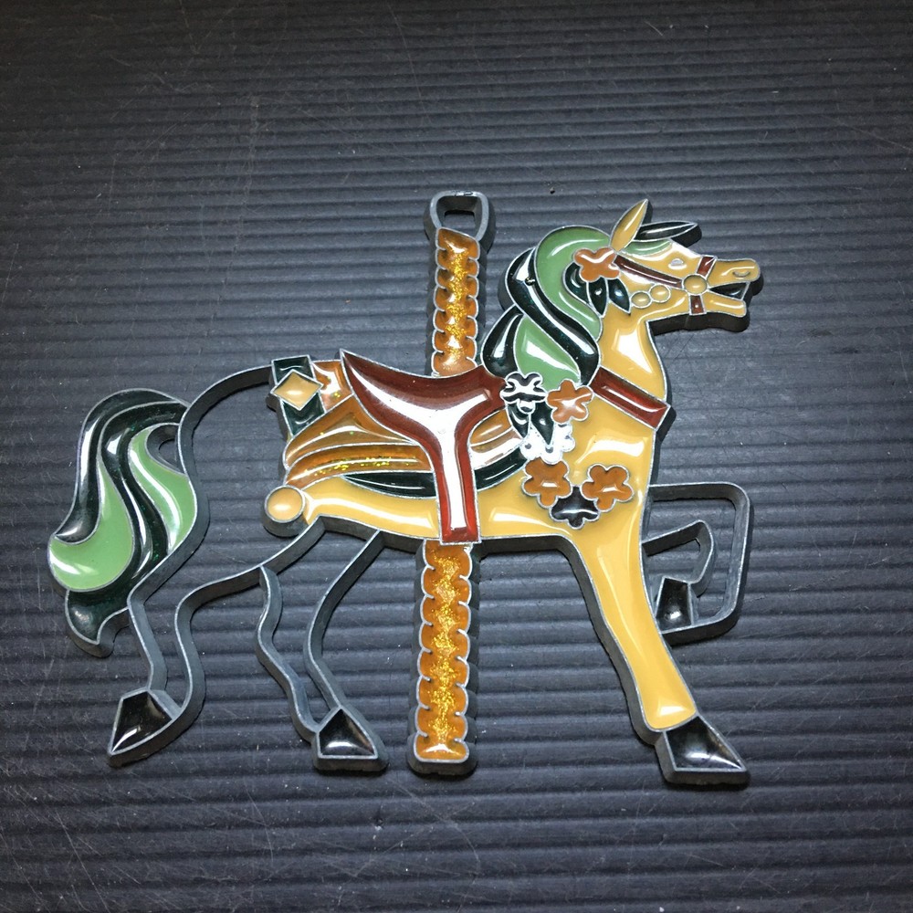 Vintage 1990s Enamel Carousel Horse Ornament – Colorful Equestrian Wall Deco 5″W