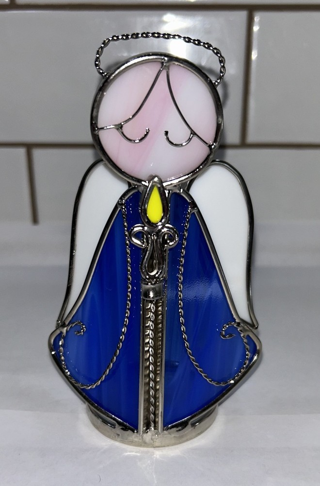Vintage Stained Glass 5.5″ Blue angle holding candle – sun catcher glass art
