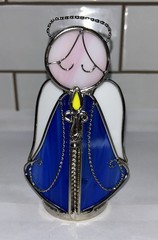 Vintage Stained Glass 5.5″ Blue angle holding candle – sun catcher glass art