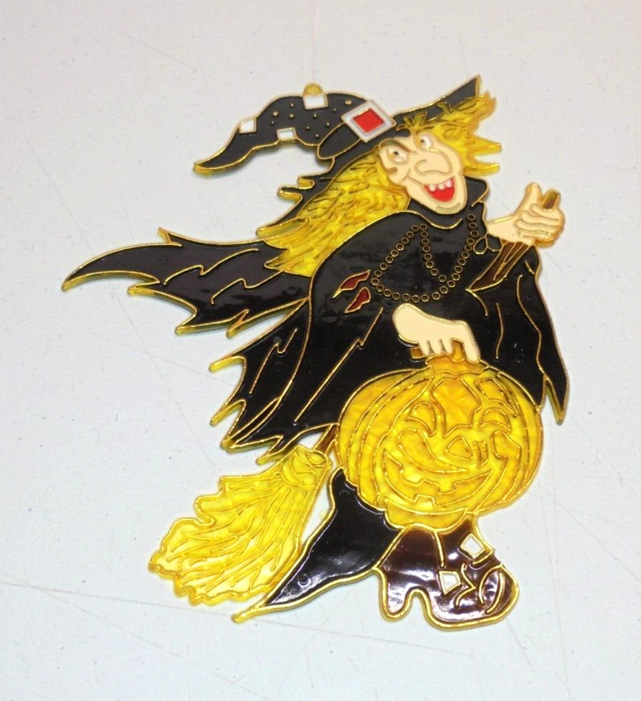 Vintage 80s Witch on Broom Plastic Suncatcher Halloween Decoration