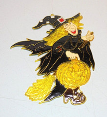 Vintage 80s Witch on Broom Plastic Suncatcher Halloween Decoration