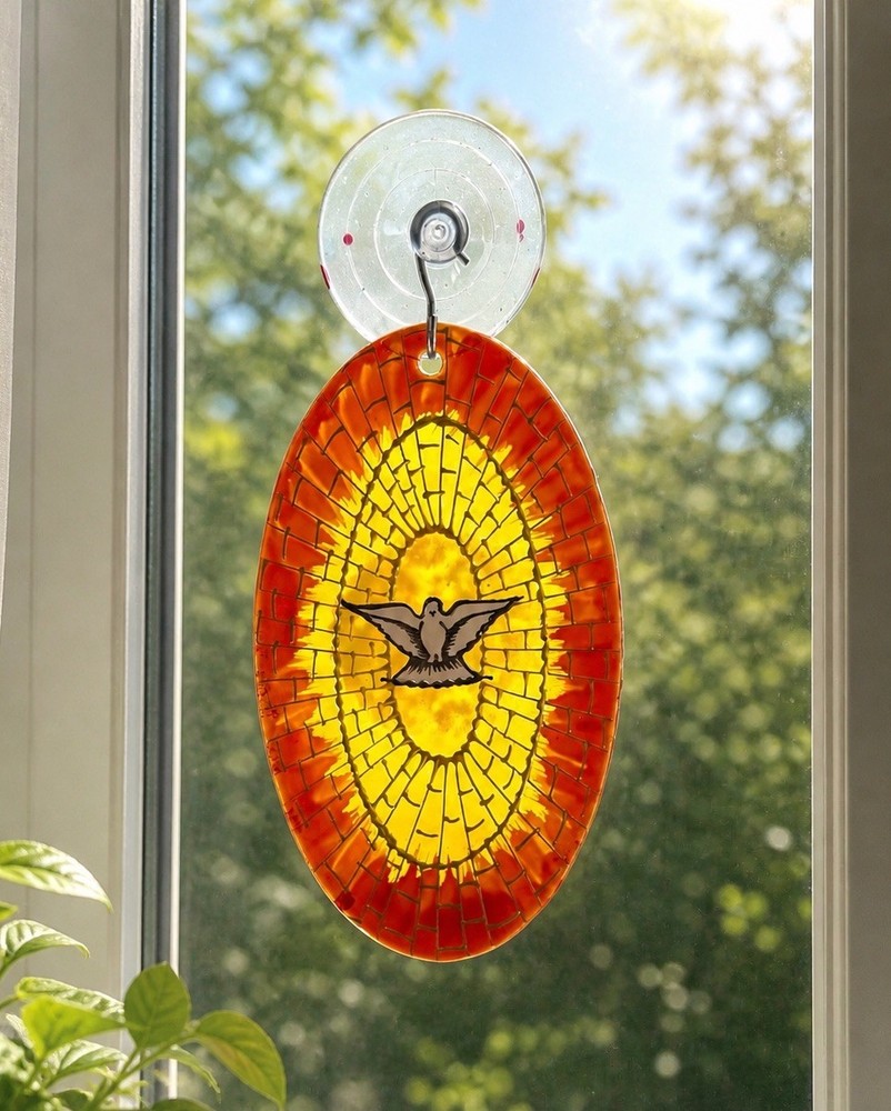 Vintage Stained Glass Sun Catcher Holy Spirit Dove Cathedral Style Rome