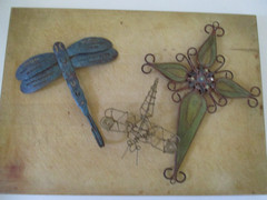 Vintage Handmade Metal Art, 2 Dragonflies & Metal Cross Suncatcher, Rusty Patina