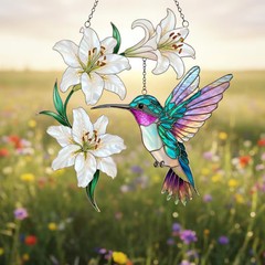 Hummingbird White Lily Suncatcher Acrylic Flower Window Decor Gift