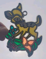 Stained Glass Style Bambie Deer Suncatcher Nursery Baby Fawn Flowers Vtg