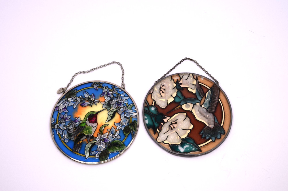 Lot of 2 Hummingbird w/ Flowers Window Suncatcher Stained/ Painted Glass AMIA