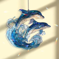 Stunning Dolphins Ocean Wave Acrylic Suncatcher Window Hanging Home Decor Gift