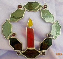 Christmas wreath w/ candle Stained Glass Suncatcher Authentic Handmade 8.5″ x 8″