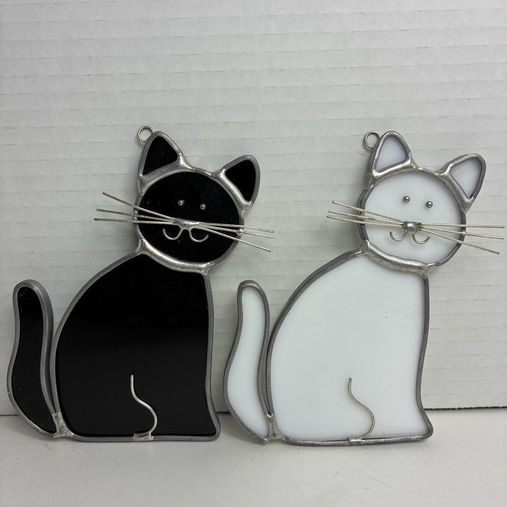 Vintage Pair Of Stained Glass Cats Black & White Kittens Sun Catchers Whiskers