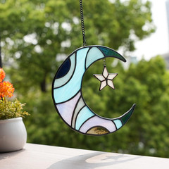 Stars and Moon Stained Glass Suncatcher – Window Decor Gift for Home Indoor – Cr