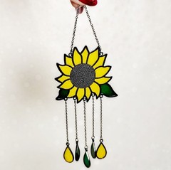 Sunflower Suncatcher Stained Glass Style Window Hanging Wind Chime Boho Decor
