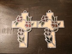 Set Of Vintage Floral Cross Stained Glass Suncatcher Flowers Religious