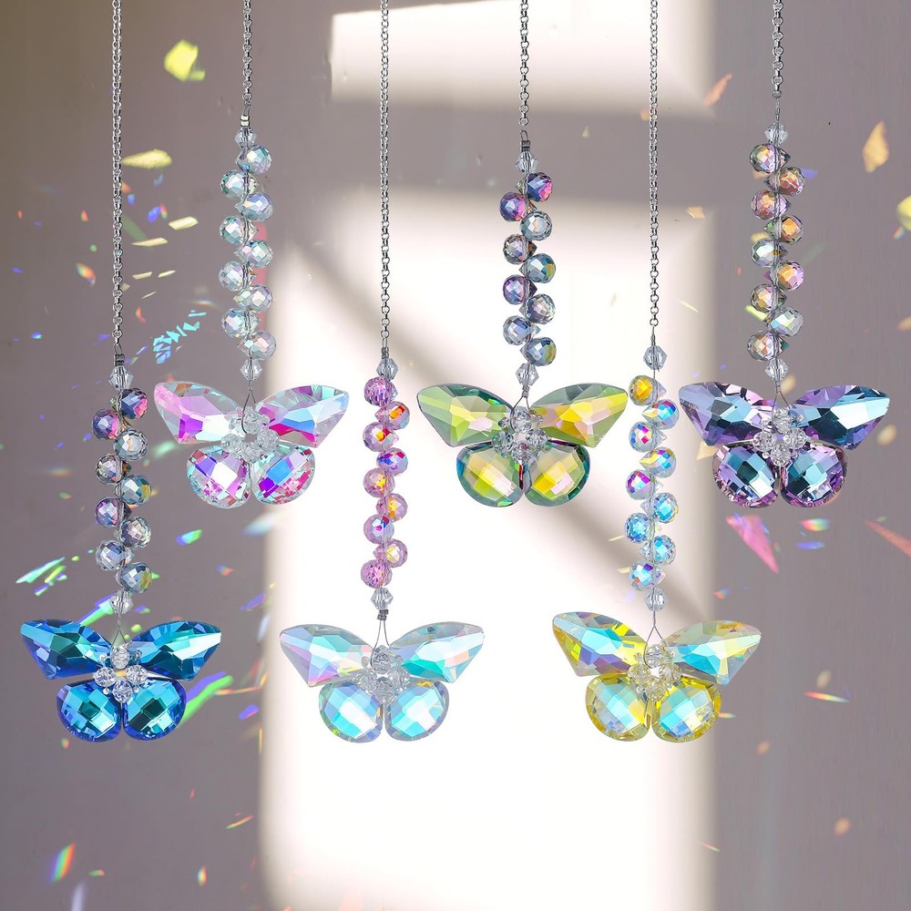 6pcs Crystal Butterfly Suncatchers Hanging Ornaments, Rainbow Maker Sun Catchers