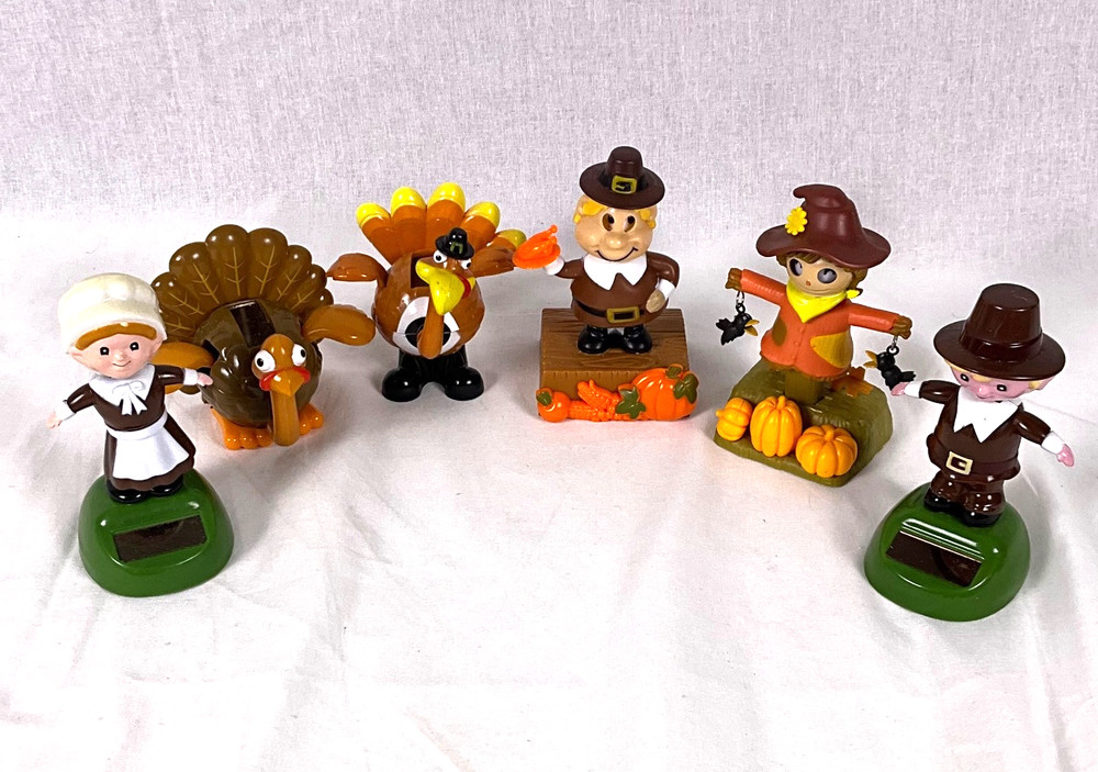 VINTAGE LOT OF 6 DANCING SOLAR POWERED BOBBLE HEADS FALL, THANKSGIVING THEME