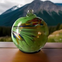 Hanging Glass Ball 4″ Diameter Chartreuse Specks with Colored Swoosh GB12ch