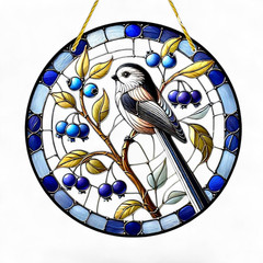 Blueberry Bird Suncatcher, 8 Inch Acrylic Stained Glass Style Window Gift