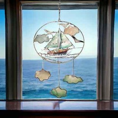 Vintage Capiz Shell Sailing Themed Window Suncatcher Boat Clouds Seagulls