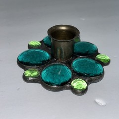 Vintage Fused Glass Handmade Green Aqua Round Marble Candle Stick Holders